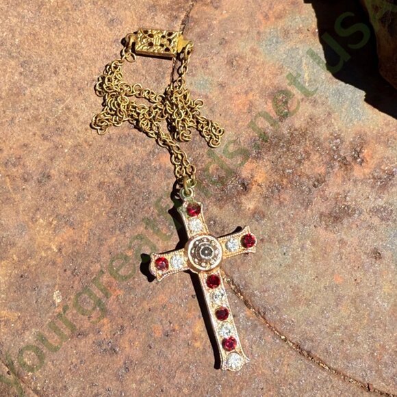 Costume Grade Goldtone Paste Stanhope Cross Necklace - Picture 4 of 6